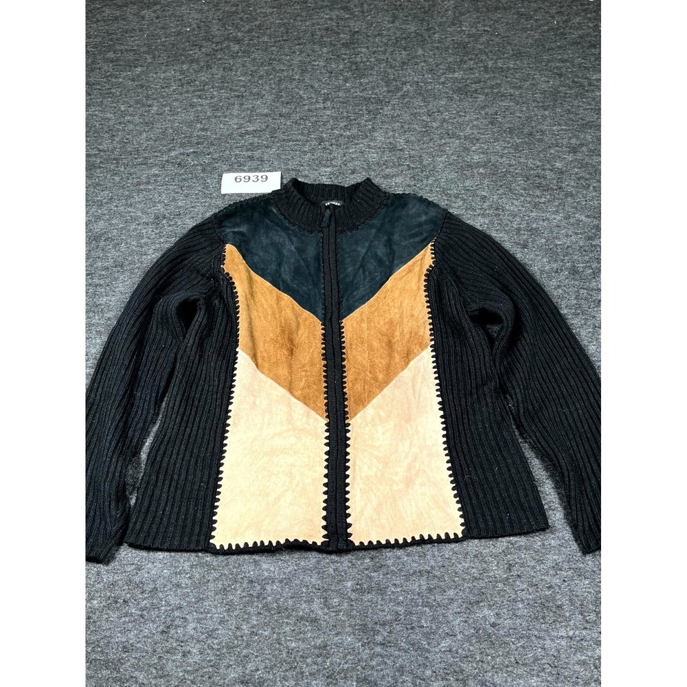 Designers Studio Originals Cardigan Sweater Womens Large‎ Black Leather Ribbed